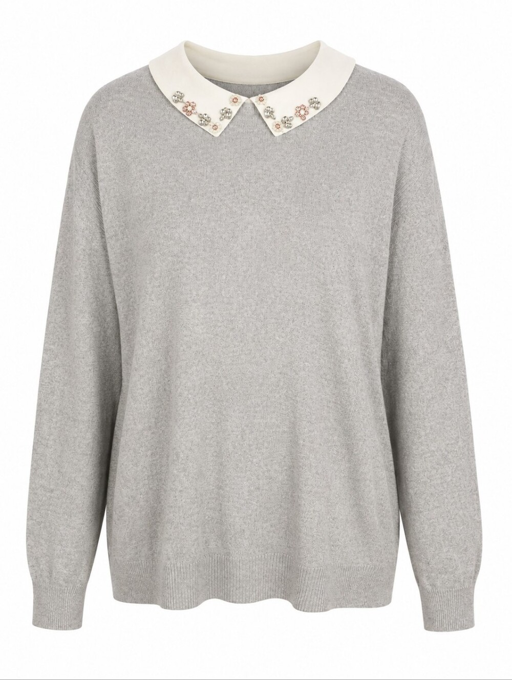 ELLE | Beaded Peter Pan Collar Soft Girl Academia Grey Knit Sweater | 2X